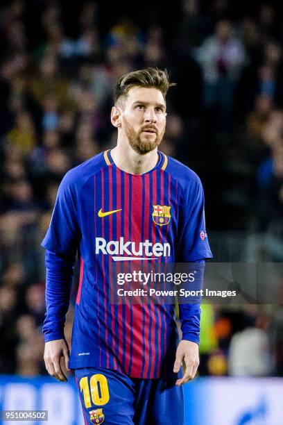 Lionel Andres Messi of FC Barcelona reacts during the UEFA Champions League 2017-18 quarter-finals match between FC Barcelona and AS Roma at Camp Nou...