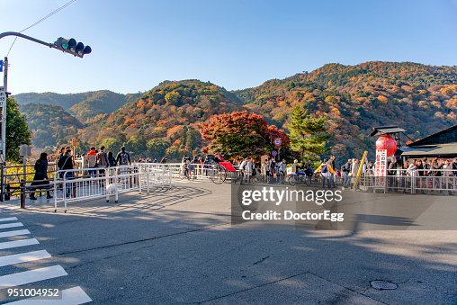 Tourists enjoy Maple Trees Sightseeing on the Togetsukyo Bridge in Autumn Tourists enjoy Maple Trees Sightseeing on the Togetsukyo Bridge in Autumn