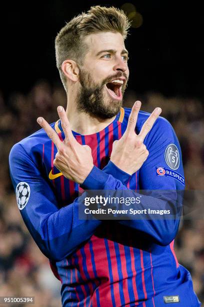 Gerard Pique Bernabeu of FC Barcelona celebrates after scoring his goal during the UEFA Champions League 2017-18 quarter-finals match between FC...