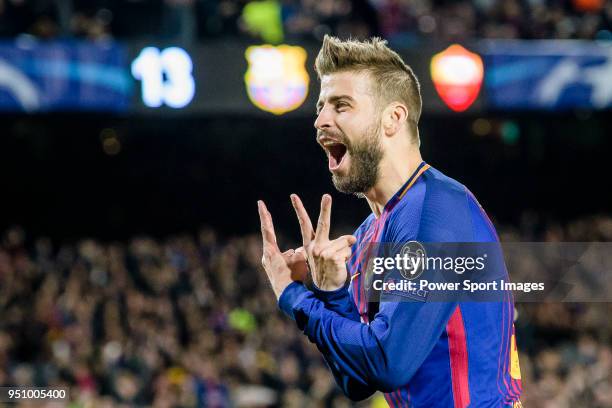 Gerard Pique Bernabeu of FC Barcelona celebrates after scoring his goal during the UEFA Champions League 2017-18 quarter-finals match between FC...