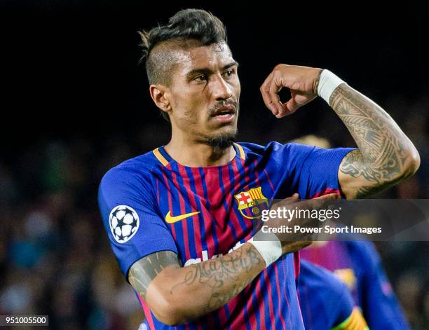 Jose Paulo Bezerra Maciel Junior, Paulinho, of FC Barcelona gestures during the UEFA Champions League 2017-18 quarter-finals match between FC...