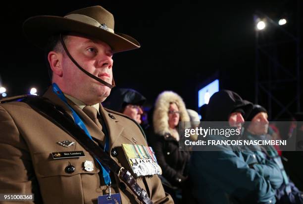 Photo taken on April 25, 2018 shows Australian visitors and soldiers attending ceremonies marking the 100th anniversary of ANZAC Day in...