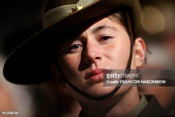 Photo taken on April 25, 2018 shows an Australian soldier attending ceremonies marking the 100th anniversary of ANZAC Day in Villers-Bretonneux,...