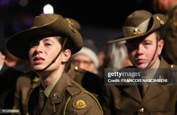 Photo taken on April 25, 2018 shows Australian soldiers attending ceremonies marking the 100th anniversary of ANZAC Day in Villers-Bretonneux,...