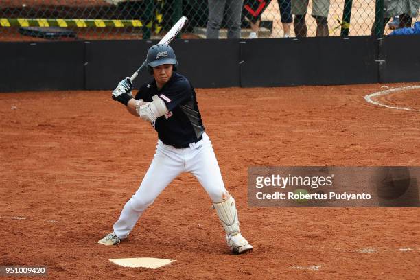 Yuto Nakajima of Japan bats during the qualification match between Indonesia and Japan in the 10th Asian Men's Softball Championship on April 25,...