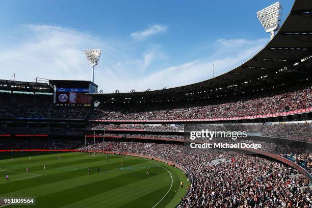 The large crowd is seen during the round five AFL match between the Collingwood Magpies and the Essendon Bombvers at Melbourne Cricket Ground on...