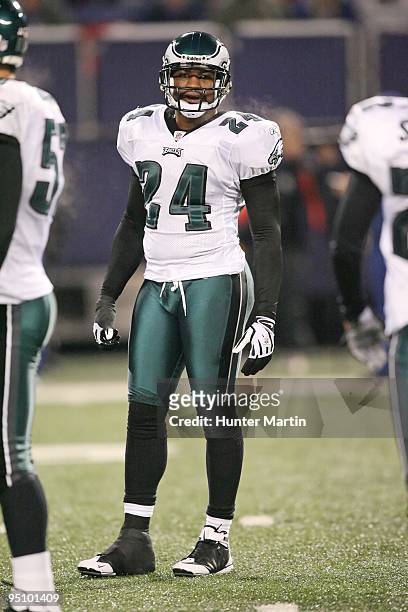 Cornerback Sheldon Brown of the Philadelphia Eagles stands on the field during a game against the New York Giants on December 13, 2009 at Giants...