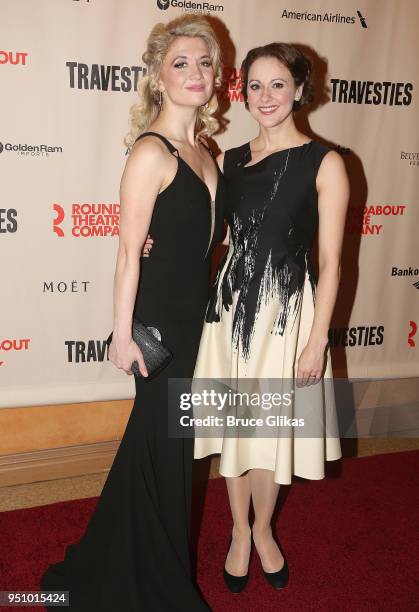 Scarlett Strallen and Sara Topham pose at the opening night of Tom Stoppard's play "Travesties" on Broadway at The American Airlines Theatre on April...