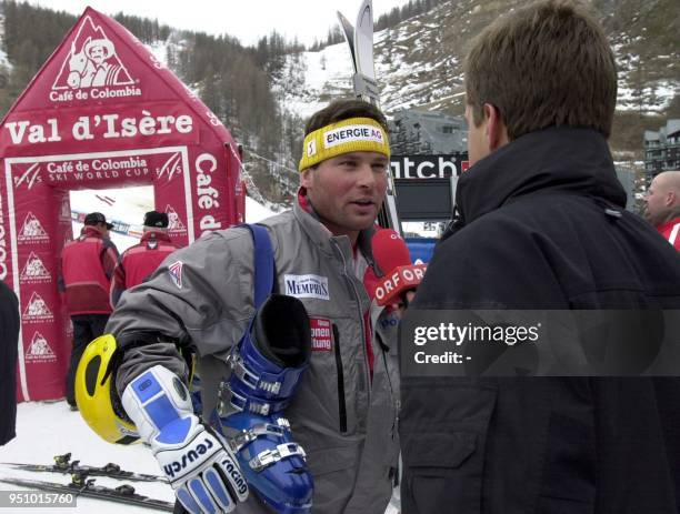 Austrian Hannes Trinkl gives an interview after a training session 14 December 2000 in Val d'Isère, southern France, two days before the Men's World...