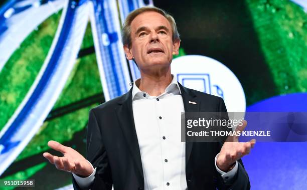 Volkmar Denner, CEO of German electronic and engineering company Bosch, speaks during the company's annual press conference at the Bosch Technology...
