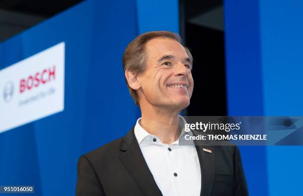 Volkmar Denner, CEO of German electronic and engineering company Bosch, smiles during the company's annual press conference at the Bosch Technology...