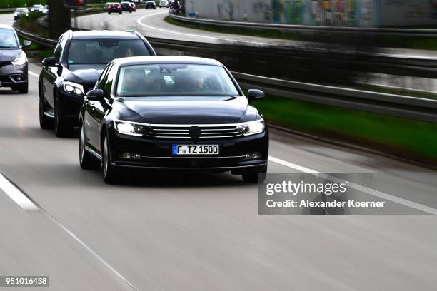 Converted Volkswagen Passat car drives as artificial intelligence takes over driving the car during tests of autonomous car abilities conducted by...