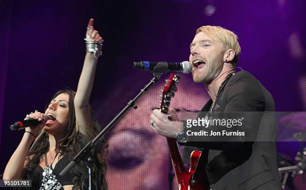 Gabriella Cilmi and Ronan Keating on stage at the O2 Rockwell concert in aid of Nordoff-Robbins Music Therapy at 02 Arena on September 11, 2009 in...