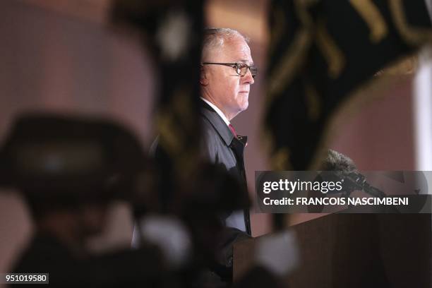 Australian Primie Minister Malcolm Turnbull delivers a speech on April 25, 2018 during ceremonies marking the 100th anniversary of ANZAC day in...