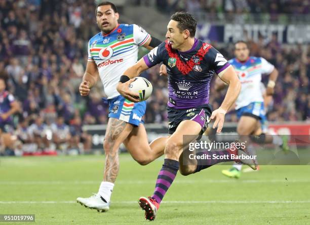 Billy Slater of the Melbourne Storm scores a try during the round eight NRL match between the Melbourne Storm and New Zealand Warriors at AAMI Park...