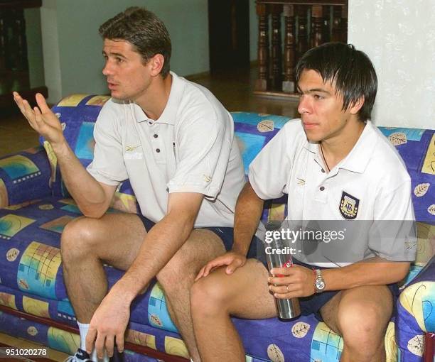 Players Diego Quintana and Albanno Bizzarri of the selection team Sub 23 of Argentina talk to reporters in Toledo, about 50 Km from Cascavel, Brazil,...