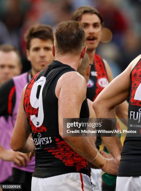 Brendon Goddard and Joe Daniher of the Bombers share a discussion during the 2018 AFL round five ANZAC Day match between the Collingwood Magpies and...