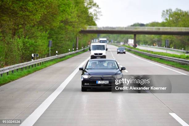 Converted Volkswagen Passat car drives as artificial intelligence takes over driving the car during tests of autonomous car abilities conducted by...