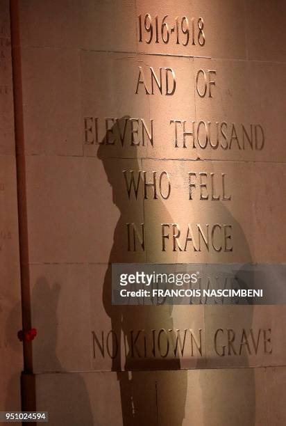 Photo taken on April 25, 2018 shows one of the walls at the Australian cemetery in Villers-Bretonneux, northern France, on April 25, 2018 during...