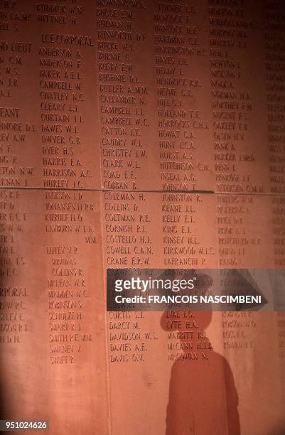 Photo taken on April 25, 2018 shows a list of victims on a wall at the Australian cemetery in Villers-Bretonneux, northern France, on April 25, 2018...