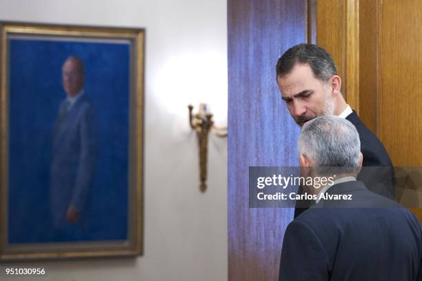 King Felipe VI of Spain receives Turkish Prime Minister Binali Yildirim at the Zarzuela Palace on at Zarzuela Palace on April 25, 2018 in Madrid,...