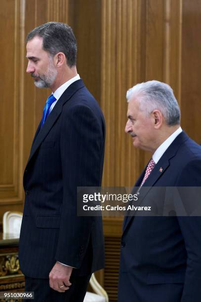 King Felipe VI of Spain receives Turkish Prime Minister Binali Yildirim at the Zarzuela Palace on at Zarzuela Palace on April 25, 2018 in Madrid,...