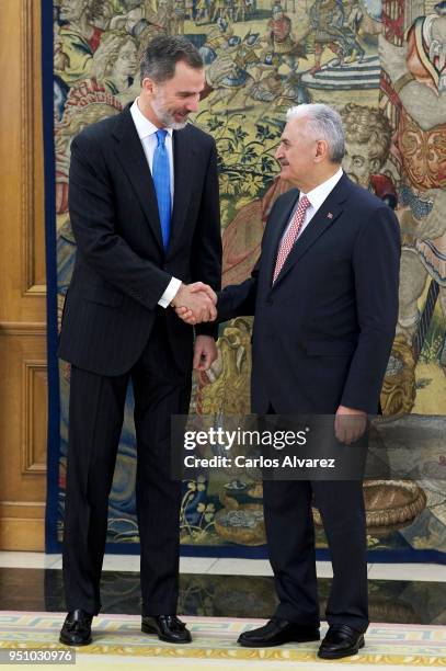 King Felipe VI of Spain receives Turkish Prime Minister Binali Yildirim at the Zarzuela Palace on at Zarzuela Palace on April 25, 2018 in Madrid,...