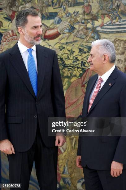 King Felipe VI of Spain receives Turkish Prime Minister Binali Yildirim at the Zarzuela Palace on at Zarzuela Palace on April 25, 2018 in Madrid,...