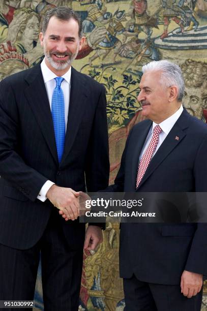 King Felipe VI of Spain receives Turkish Prime Minister Binali Yildirim at the Zarzuela Palace on at Zarzuela Palace on April 25, 2018 in Madrid,...