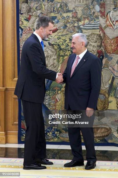 King Felipe VI of Spain receives Turkish Prime Minister Binali Yildirim at the Zarzuela Palace on at Zarzuela Palace on April 25, 2018 in Madrid,...