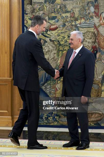 King Felipe VI of Spain receives Turkish Prime Minister Binali Yildirim at the Zarzuela Palace on at Zarzuela Palace on April 25, 2018 in Madrid,...