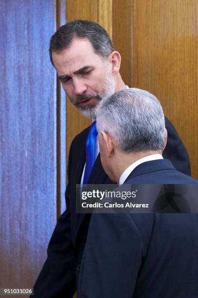 King Felipe VI of Spain receives Turkish Prime Minister Binali Yildirim at the Zarzuela Palace on at Zarzuela Palace on April 25, 2018 in Madrid,...