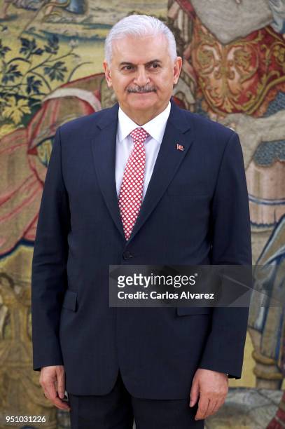 Turkish Prime Minister Binali Yildirim looks on before his meeting with King Felipe VI of Spain at the Zarzuela Palace on at Zarzuela Palace on April...