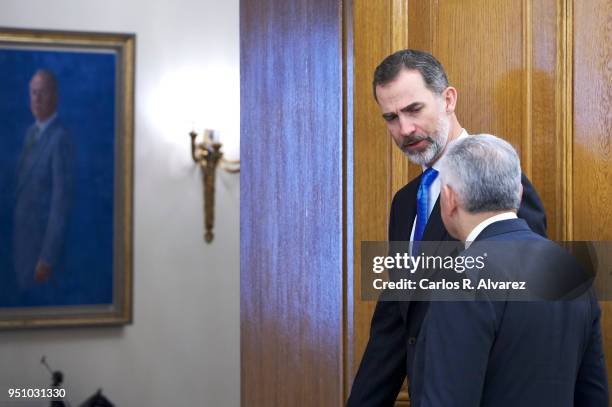 King Felipe VI of Spain receives Turkish Prime Minister Binali Yildirim at the Zarzuela Palace on at Zarzuela Palace on April 25, 2018 in Madrid,...