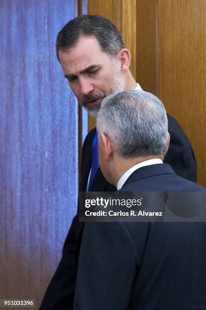 King Felipe VI of Spain receives Turkish Prime Minister Binali Yildirim at the Zarzuela Palace on at Zarzuela Palace on April 25, 2018 in Madrid,...