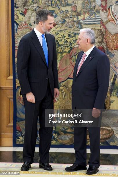 King Felipe VI of Spain receives Turkish Prime Minister Binali Yildirim at the Zarzuela Palace on at Zarzuela Palace on April 25, 2018 in Madrid,...