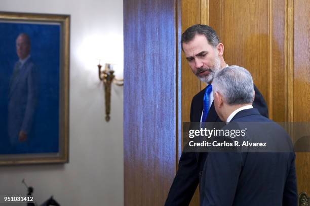 King Felipe VI of Spain receives Turkish Prime Minister Binali Yildirim at the Zarzuela Palace on at Zarzuela Palace on April 25, 2018 in Madrid,...