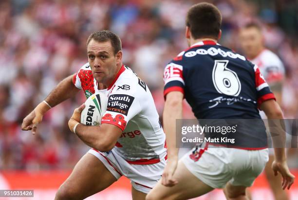 Jason Nightingale of the Dragons runs with the ball during the round eight NRL match between the St George Illawara Dragons and Sydney Roosters at...