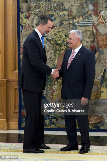 King Felipe VI of Spain receives Turkish Prime Minister Binali Yildirim at the Zarzuela Palace on at Zarzuela Palace on April 25, 2018 in Madrid,...