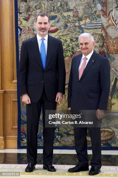 King Felipe VI of Spain receives Turkish Prime Minister Binali Yildirim at the Zarzuela Palace on at Zarzuela Palace on April 25, 2018 in Madrid,...