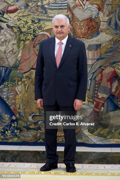 Turkish Prime Minister Binali Yildirim looks on before his meeting with King Felipe VI of Spain at the Zarzuela Palace on at Zarzuela Palace on April...