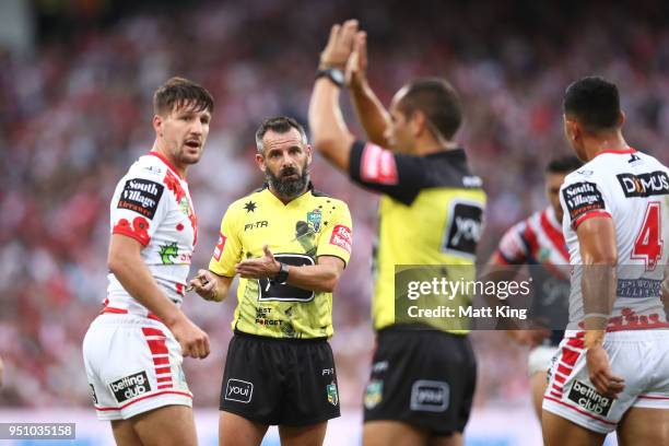 Referee Gavin Badger makes a call during the round eight NRL match between the St George Illawara Dragons and Sydney Roosters at Allianz Stadium on...