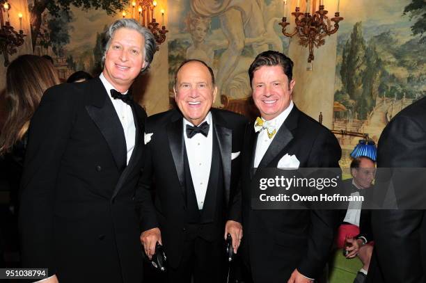 Jared Goss, Michael Kovner and Jean Doyen de Montaillou attends The Hort's New York Flower Show Dinner Dance at The Pierre Hotel on April 24, 2018 in...