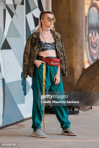 Visitor poses during Sao Paulo Fashion Week N45 SPFW Summer 2019 at Brazilian Cultures Engineer Armando de Arruda Pereira Pavilion on April 24, 2018...