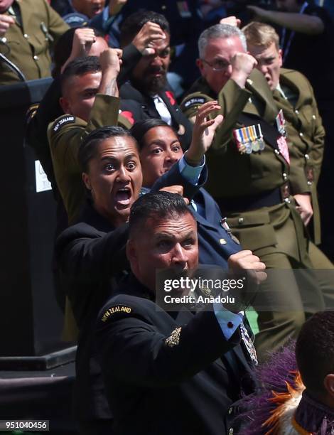 New Zealand Defence Forces' units perform haka dance, a traditional ancestral war cry, after the ceremony at New Zealand Memorial at Chunuk Bair,...