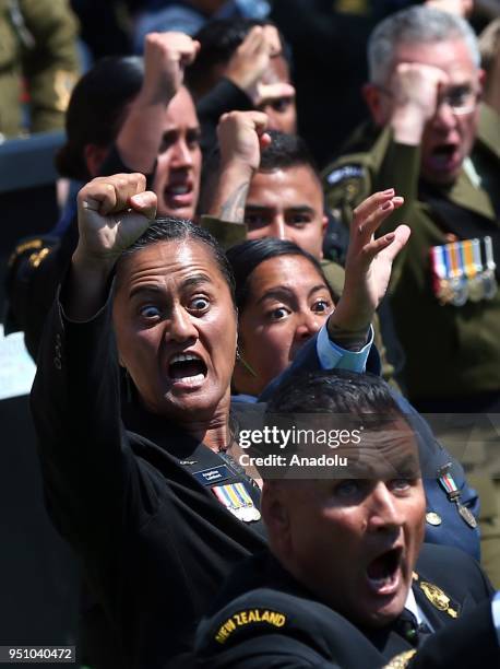 New Zealand Defence Forces' units perform haka dance, a traditional ancestral war cry, after the ceremony at New Zealand Memorial at Chunuk Bair,...