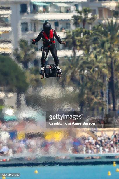 Inventor and pilot Franky Zapata flying the flyboard during the Red Bull Air Race on April 22, 2018 in Cannes, France.