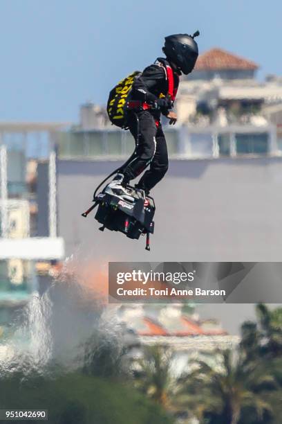 Inventor and pilot Franky Zapata flying the flyboard during the Red Bull Air Race on April 22, 2018 in Cannes, France.