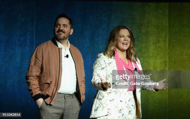 Director/Actor Ben Falcone and his wife, actress Melissa McCarthy, speak during CinemaCon 2018 Warner Bros. Pictures Invites You to The Big Picture,...