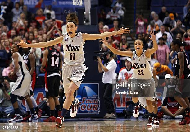 Cassie Kerns and Meghan Gardler of the Connecticut Huskies celebrate the win at the buzzer during the NCAA Women's Final Four Championship game...